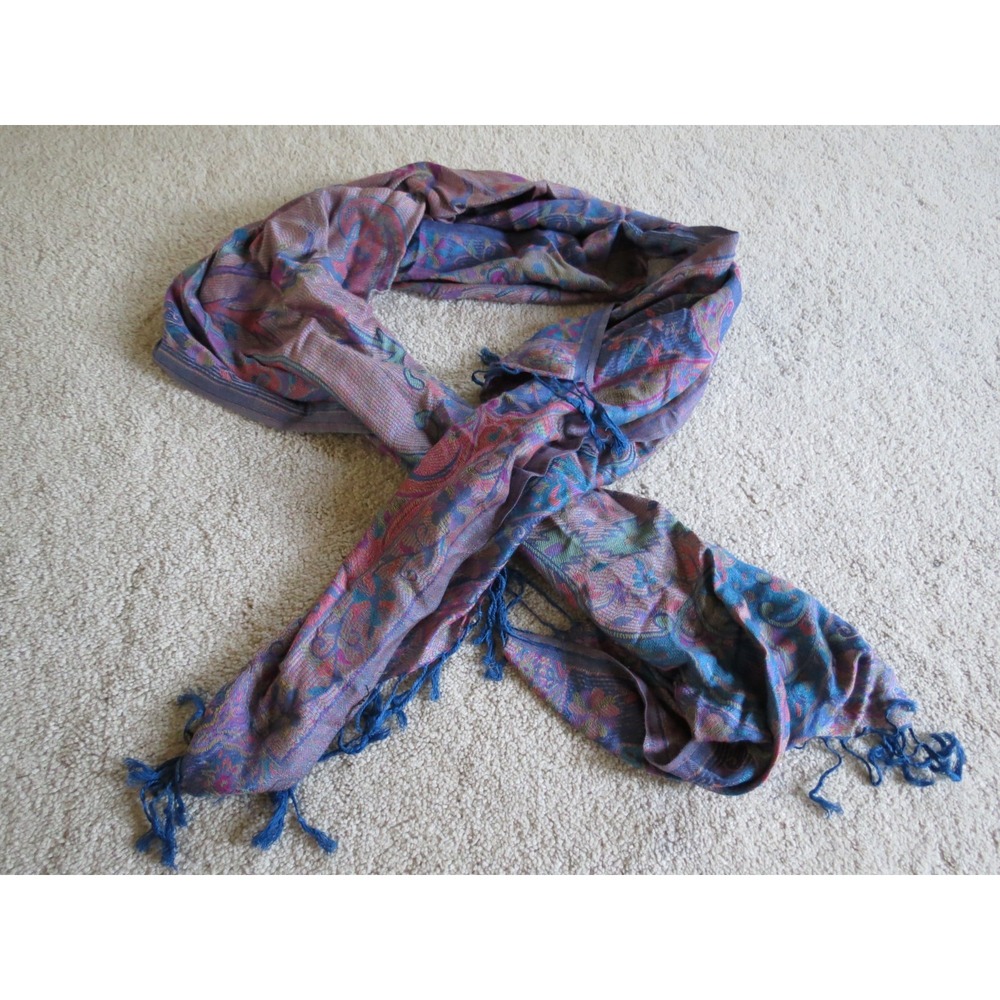 Purple Floral Indian Pashmina Pattern Wool Scarf Fringed 72x27